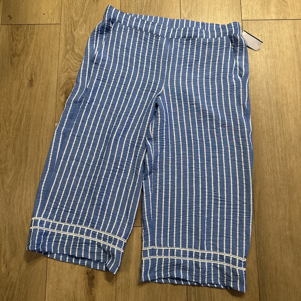 Ruby Rd. Women's Pants Crop‎ Wide Leg Blue Stripe Pockets Boho Size 12P NEW
